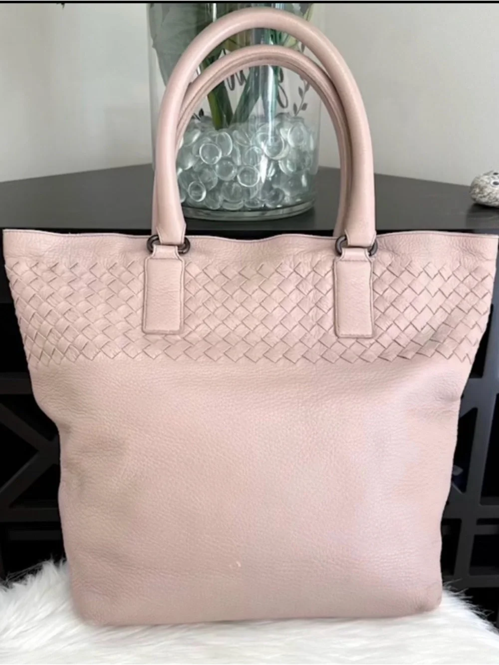 Auth BOTTEGA VENETA beige pink Taupe shoulder Tote Bag INTRECCIATO Woven leather